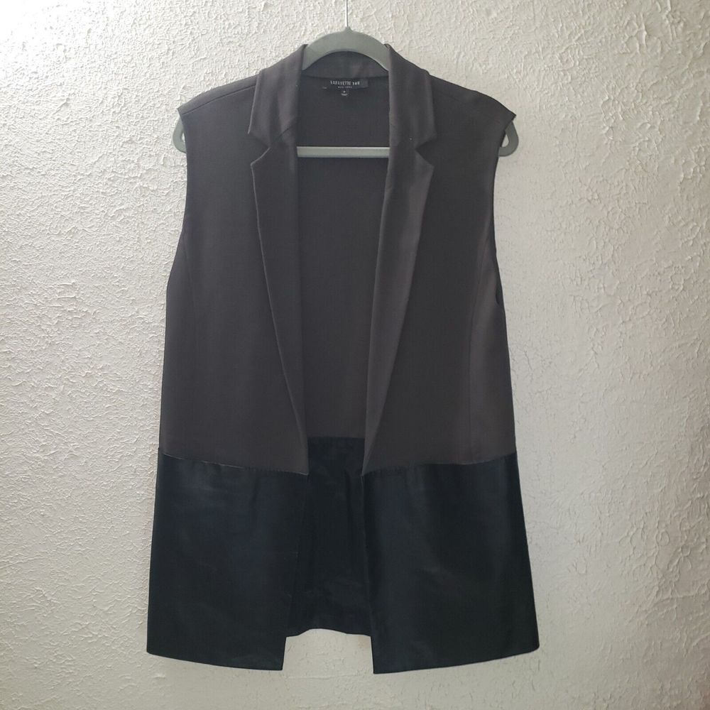 Lafayette 148 Blazer Vest Brown Open Front Mixed Media Top Faux Leather Sz P